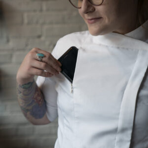 YellowJacket Chefwear White Short Sleeve Womens Chef Jacket Uniform Model Front Zipper Pocket