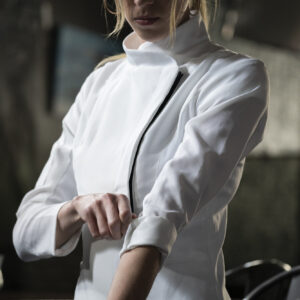 YellowJacket Chefwear White Short Sleeve Womens Chef Jacket Uniform On Model
