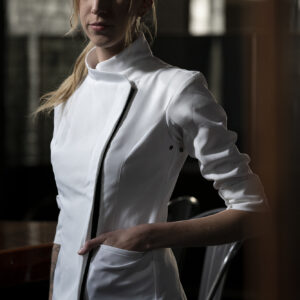 YellowJacket Chefwear White Long Sleeve Womens Chef Jacket Uniform Model Front Pockets