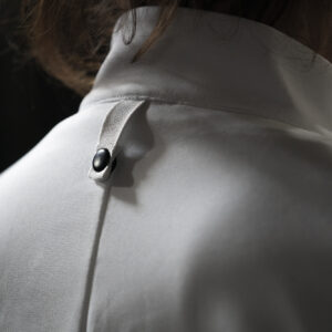 YellowJacket Chefwear White Short Sleeve Womens Chef Jacket Uniform On Model Pocket